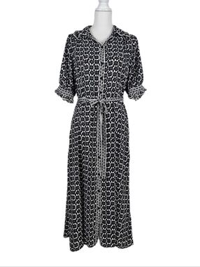 Max Studios Shirt Dress Puff Sleeve Chiffon Midi Button Up Belted Black White M